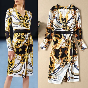 

New high quality printed slim fit V neck split temperament casual dress women