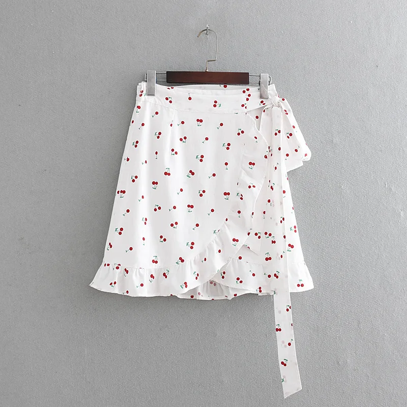 

Western Style WOMEN'S Dress 2019 Summer New Style High-waisted Lace-up Cherry Printed Flounced Skirt