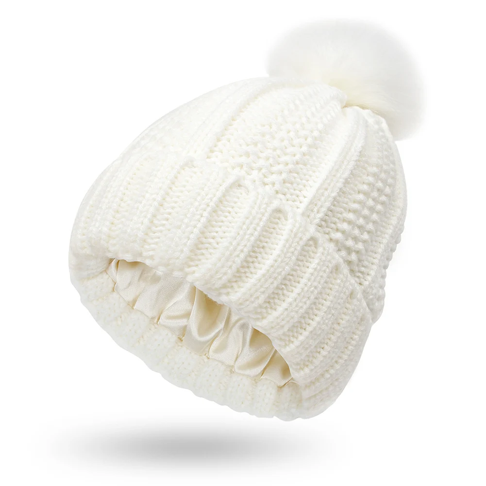 Silk Satin Lined Caps Winter Women Knit Beanie Hats Faux Fur Pompom Hats for Girls