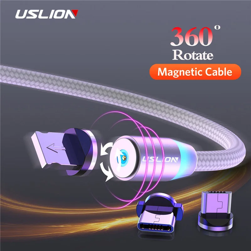 Магнитный кабель USLION светодиодный Type C Micro USB для зарядки iPhone XS MAX магнитное