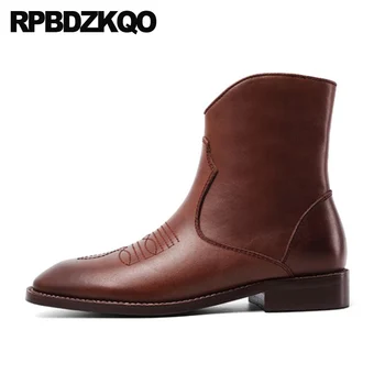 

high quality luxury brand shoes women chunky female autumn fall brown boots round toe genuine leather ankle block short 2019 new