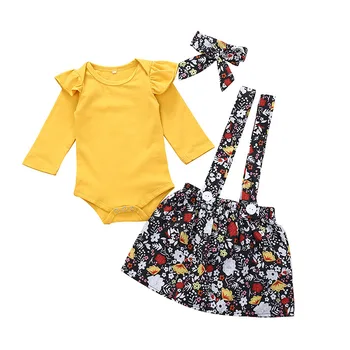 

Spring Baby Girl Clothes Set Long Sleeve T-shirt Solid Romper Cartoon Strap Skirt Headband Casual Outfits