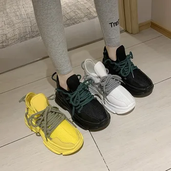 

Spring Autumn Vulcanized Shoes Woman Breathable Round Head Sneakers Women Lace Up Platform Shoes Ladies Running Shoes E15-34