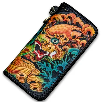 

Unisex handmade leather wallet First layer leather long zipper leather carving Tang lion vertical carved carving cloth clutch