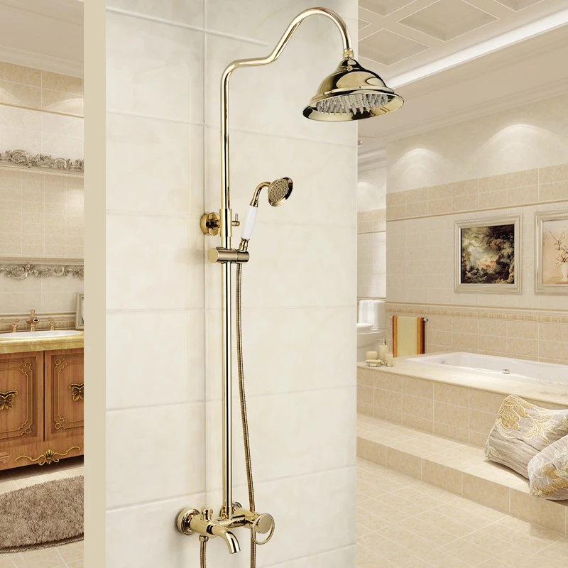 Bathroom Shower Faucets Gold Brass Bathtub Faucet Wall Mounted Hand Held Shower Head Rainfall Bathtub Spout Shower Faucet Sets