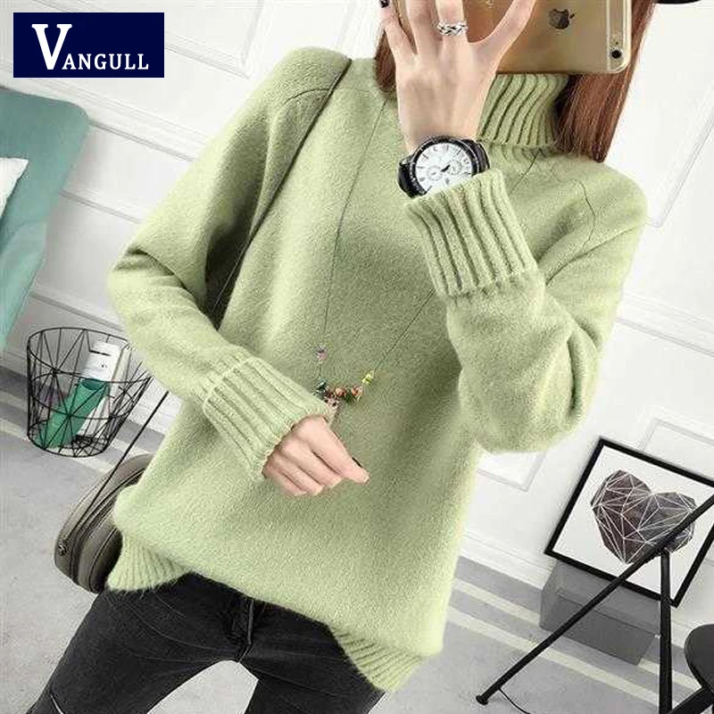 

Vangull Solid Knitted Turtleneck Women Sweater Long Sleeve Thick Pullovers Fashion Autumn Winter New Casual Warm Female Sweaters