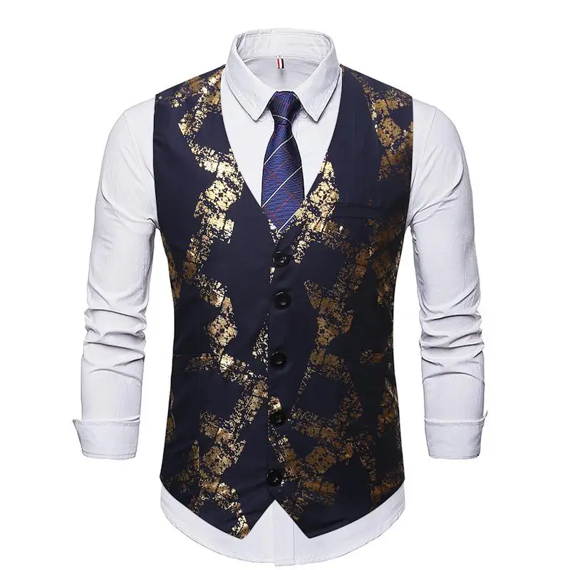 Золотой цветок печатных мужские жилеты Slim Fit Для мужчин, костюм с жилетом в стиле уличной Повседневное Пейсли куртка без рукавов для вечерние свадебные 3XL - Цвет: Navy Formal Vest