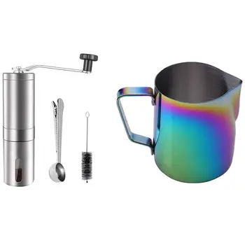 

Milk Jug Stainless Steel Frothing Pitcher Pull Flower Cup 350Ml with Manual Coffee Grinder,Spoon + Clean Brush