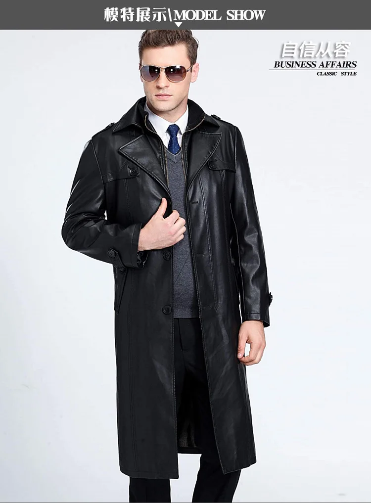 Middle-aged Leather Coat Men's Daddy Clothes Winter HYX Brushed And Thick Warm Mid-length Sheep Leather Trench Coat