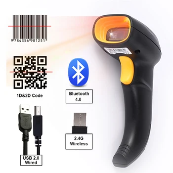 1D/2D Wireless Barcode Scanner Bluetooth Code Reader QR Bar Code Scanner Support Mobile Phone iPad Handheld Reader POS Inventory bp 617 gd bar code scanner handheld 2 4g wireless 2d barcode reader usb wired rechargeable 32 bit decoder xxm8