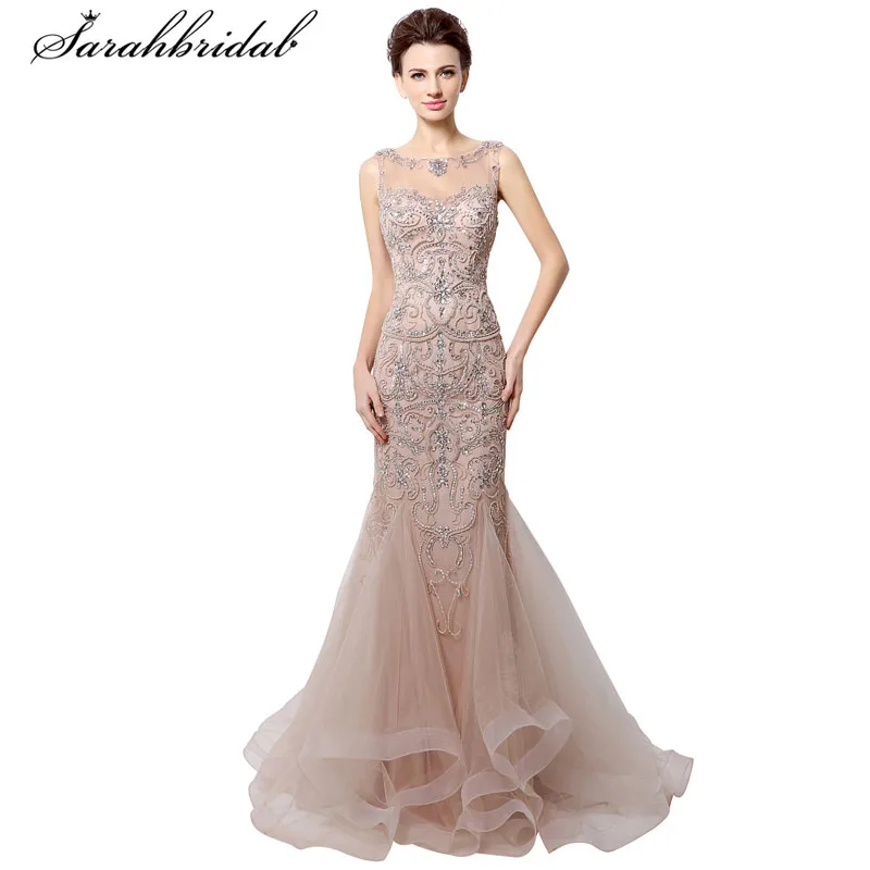 

Luxury Evening Dress Rhinestone Mermaid Dubai Long New Blush Crystal Beading Pearl Sheer Prom Party Gown Robe De Soiree LSX006