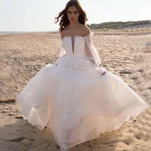 Simple Wedding Dresses A-Line Long Sleeve Backless Scalloped Chiffon Pleat Elegant Court Train Bridal Gown Ladies Robe De Mariée