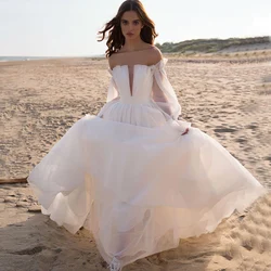 Simple Wedding Dresses A-Line Long Sleeve Backless Scalloped Chiffon Pleat Elegant Court Train Bridal Gown Ladies Robe De Mariée