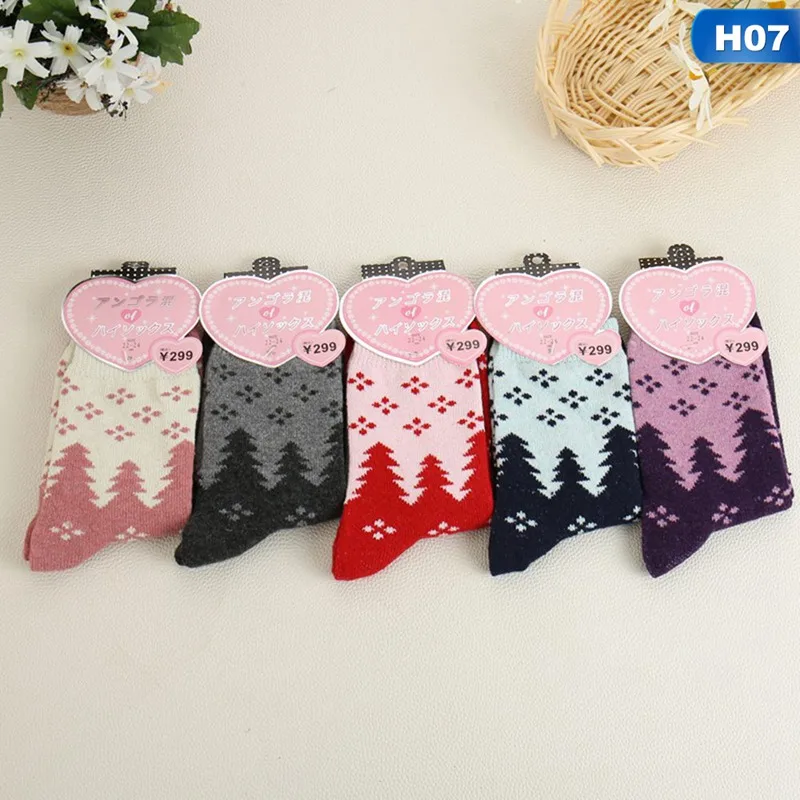 H07 Женские осенне-зимние Утепленные носки с кроличьим мехом, 5 шт./компл., милые Носки с рисунком средней длины, рождественские носки - Цвет: H07