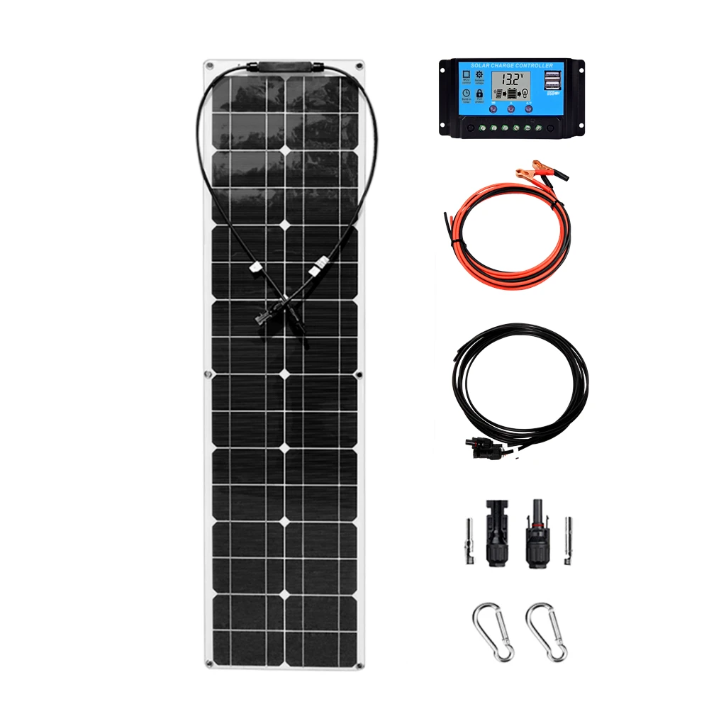 Solar Panel Kit 12v 50w 100w Monocristalino Flexível Painel Solar Kit 12v Sistema de Carregador de Bateria para Casa Acampamento Carro rv Barco Fora da Grade Aplicações