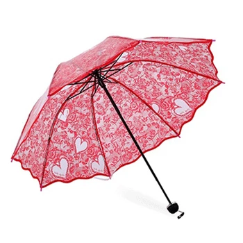 

NEW-Plastic PVC Transparent Princess Lace Compact Rain Women Windproof Sunny and Rainy Umbrella
