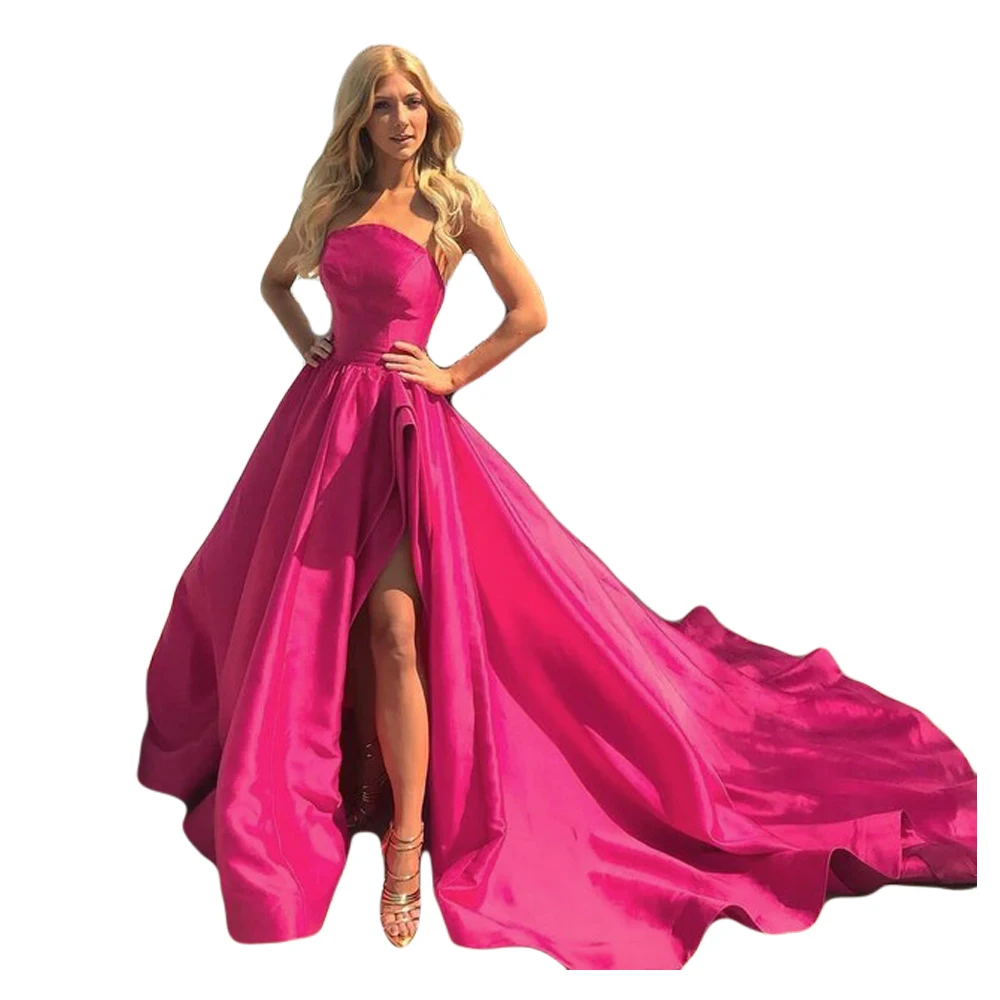 Hot Pink Элегантные женские трапециевидные атласные Выпускные платья без бретелек длиной до пола без рукавов вечерние платья для выпускного вечера с высоким разрезом - Цвет: Hot Pink