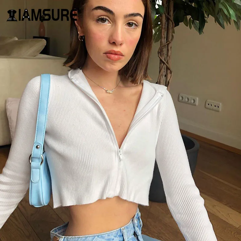 

IAMSURE Autumn Long Sleeve Casual Basic Crop Top Shirt For Women Korean Fashion Streetwear Zipper Up White Knitted Shirt Female