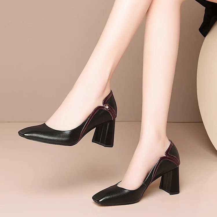 

Early Spring Women's Square Head Low-Cut Low Top Mixed Colors Chunky High Heel Full-grain Leather Tendon Outsole Pigskin Lining