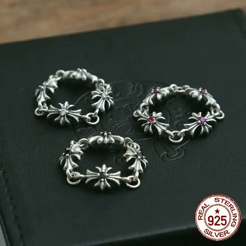 S925 sterling silver ring personality fashion classic jewelry punk style cross zircon retro opening lovers model new gift