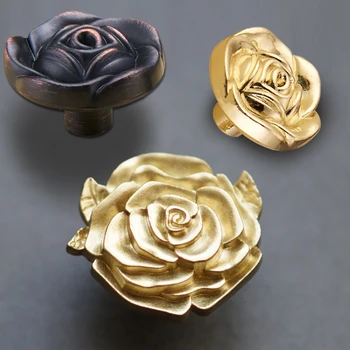 

Furniture Brass Handle Carved rose antique bronze drawer knob Creative single hole cabinet door handles Kitchen hardware pulls