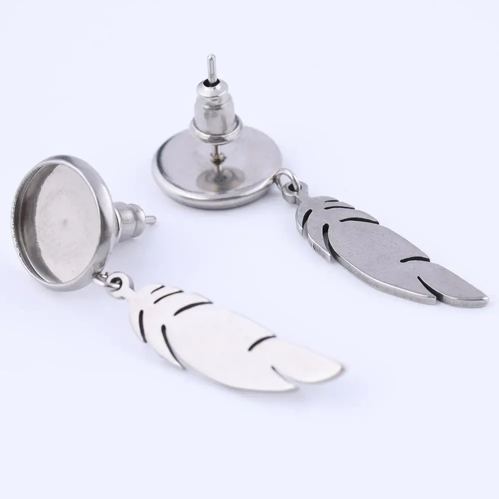 10pcs Stainless Steel Earring Findings Fitting 10mm Cabochon Stud Earrings Base Blank Bezel Settings with feather charm