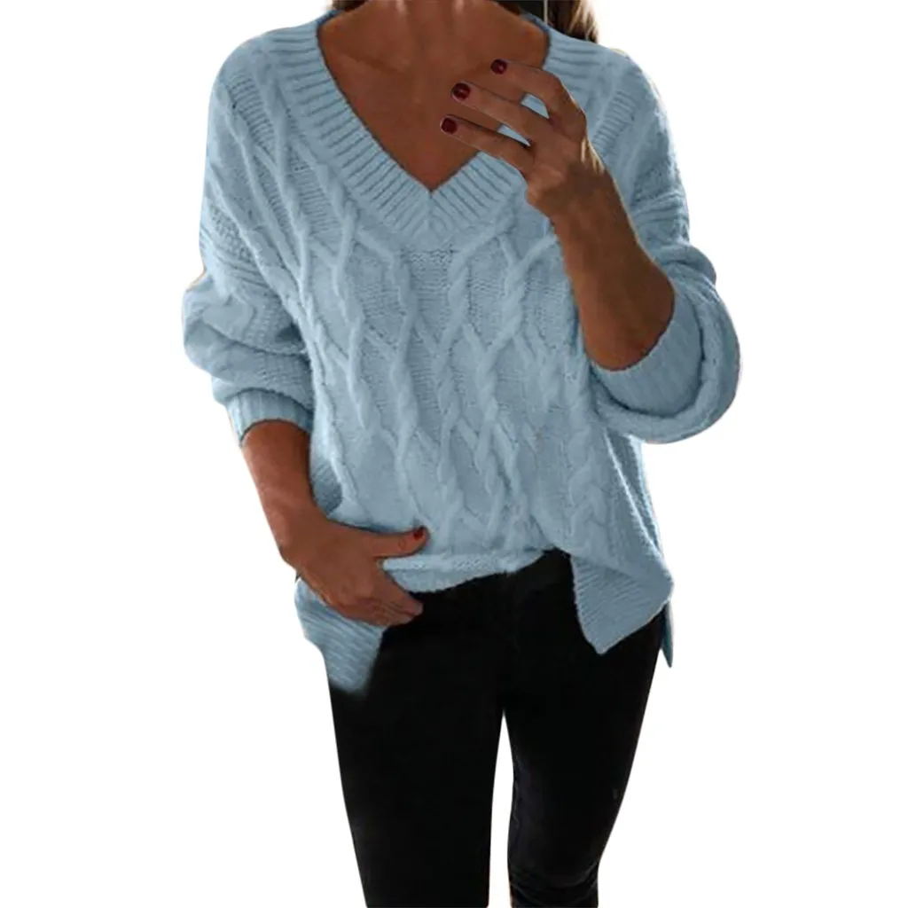 

Jaycosin Fashion Women Casual Simple V-Neck Solid Color Long Sleeve Sweater Stylish Comfortable Soft Sweaters Blouse Tops