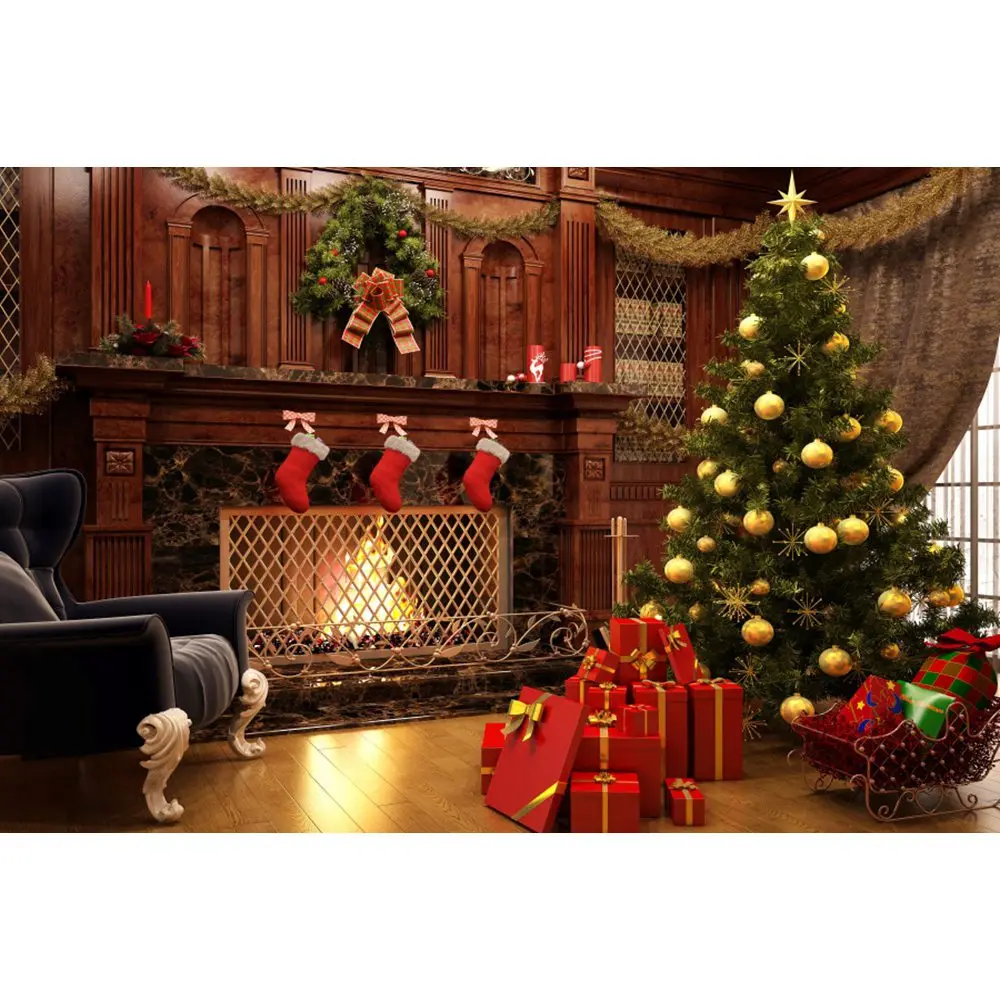 Yeele Christmas Tree Fireplace Bell Light Candle Interior Deco Photography Backgrounds Photographic Backdrops for Photo Studio - Цвет: NBK09044