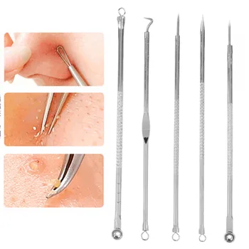 

5Pcs Lady Stainless Steel Blackhead Extractor Remover Tool Needle Spot Pimple Blemish Comedone Face Cleaning Tool Kit Set