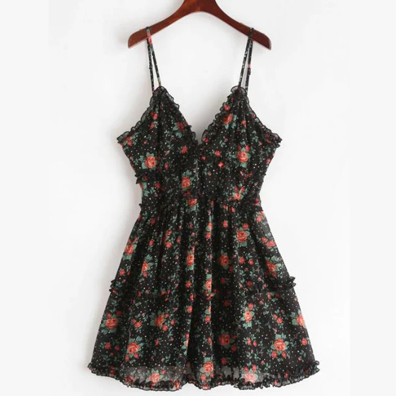 

Lettuce Trim Floral Cami Mini Dress A-Line Print Sleeveless Beach Style Spaghetti Strap Black Dress Bodycon Dress Floral Dress