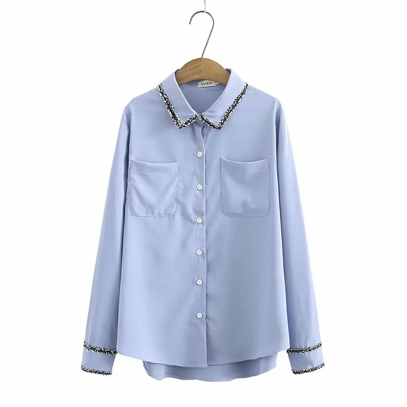 Shirts Blouse Plus-Size Women Ladies Spring White Autumn Tops Pockets Turn-Down-Collar