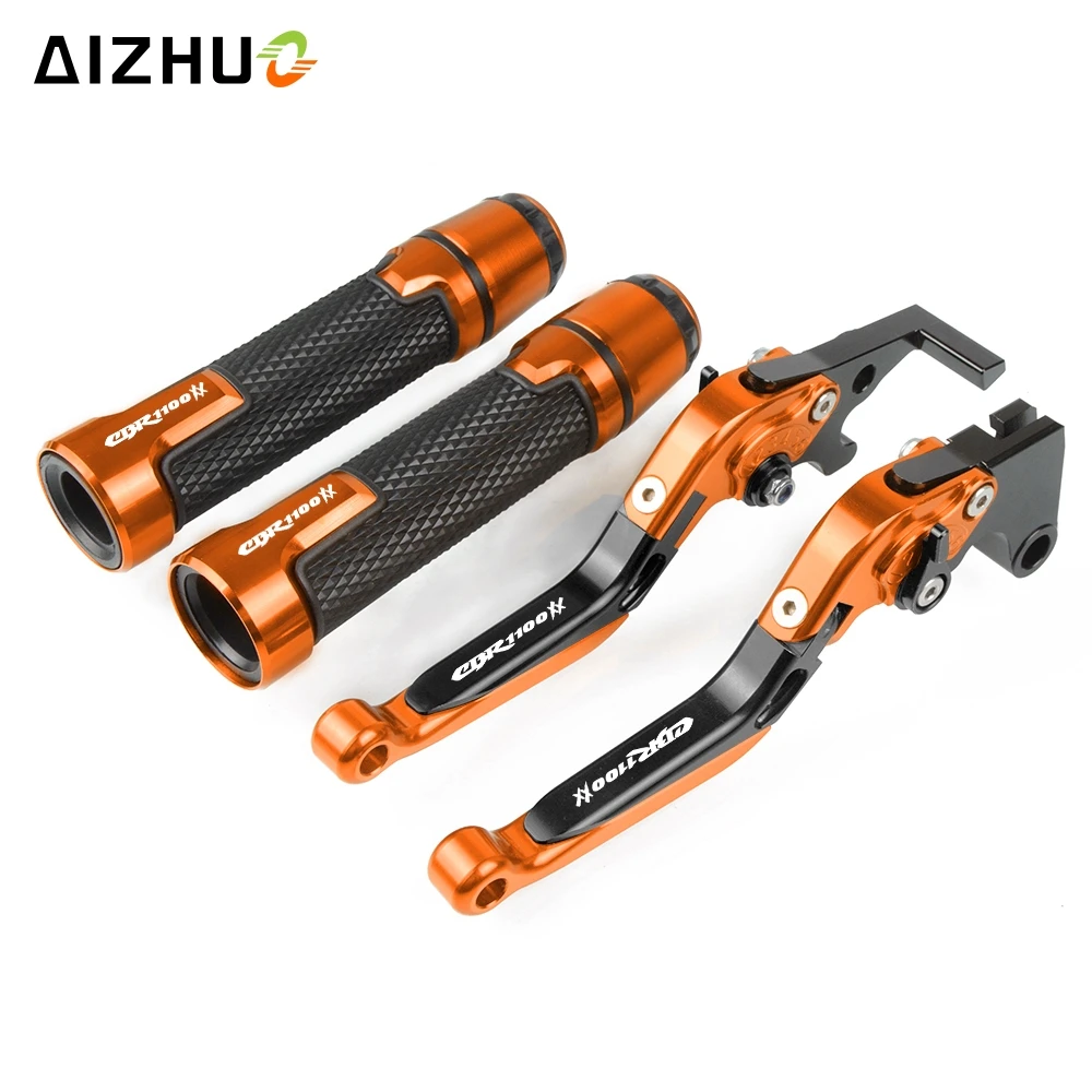 orange Motorcycle Folding Extendable Brake Clutch Levers+Hand Grips For HONDA CBR 1100XX CBR1100XX CBR 1100 XX 1997-2007 2006 2005 - Цвет: orange