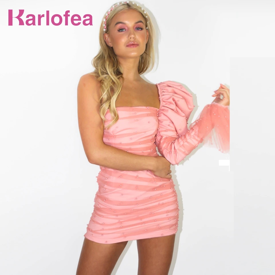 Женское мини платье на одно плечо Karlofea элегантное Сетчатое с рюшами и пышными