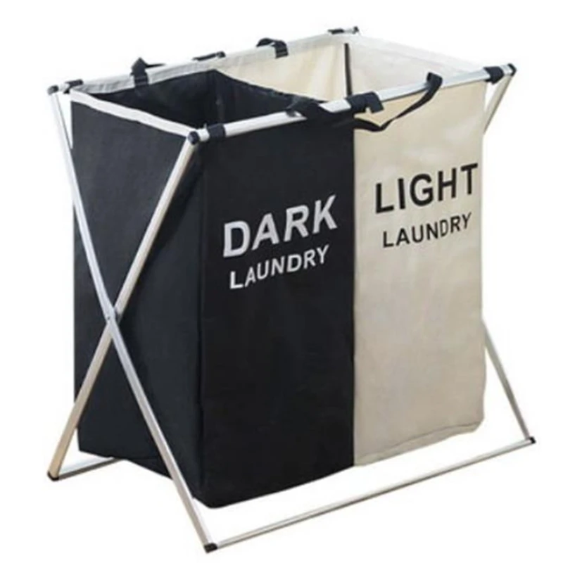 HHO-Laundry Basket Two Grids Dirty Clothes Storage Basket Organizer Basket Collapsible Waterproof Folding Large Laundry Hamper - Цвет: Black