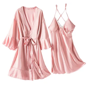 

Sexy Blackless Mini 2PCS Nightdress Women Homewear Casual Solid Nighty&robe SET Kimono Gown Pink Bride Bridesmaid Wedding Robe