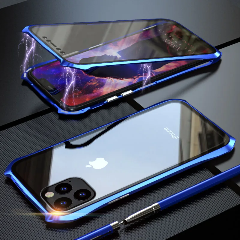 Для iphone 11 Pro Max полный защитный чехол Магнитная Адсорбция металлическая рамка+ закаленное стекло чехол для телефона iphone 11 чехлы