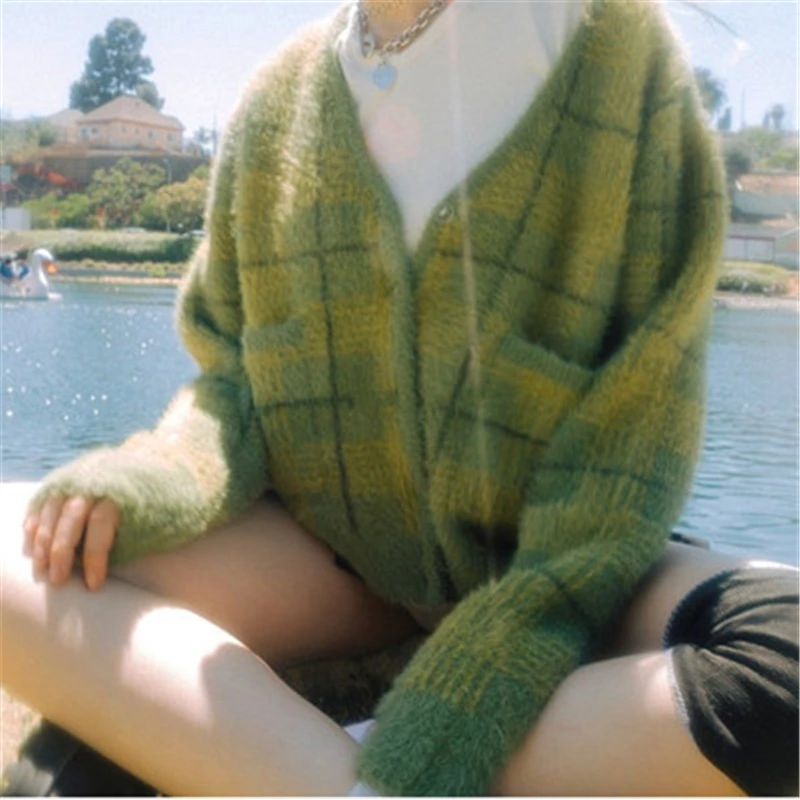 

New Women's Mink Cashmere Sweaters Jacket Fall Winter US-Euro Fashion Casual Loose Thick Warm Plaid Cardigans Female Outwear Top