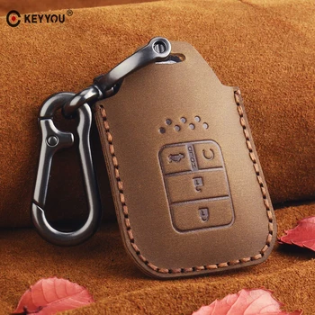 

KEYYOU 4 Button Leather Remote Car Key Case Fob Keyless Cover For Honda Civic Accord Cr-v Pilot CRV 2015 2016 2017 2018 KeyChain