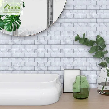 

10pcs/set White Marble Mosaic Tile Wall Sticker Self-adhesive PVC Oil-proof Waterproof for Living Room Bedroom Kitchen Bathroom
