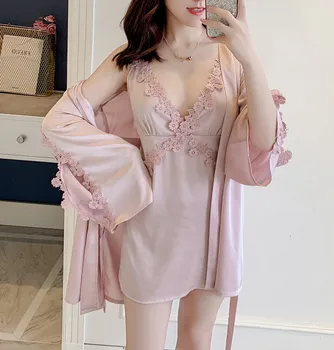 

Lisacmvpenl Imitate Real Silk Camisole Robe Twinset Sleepwear V Lead Sexy Bathrobe