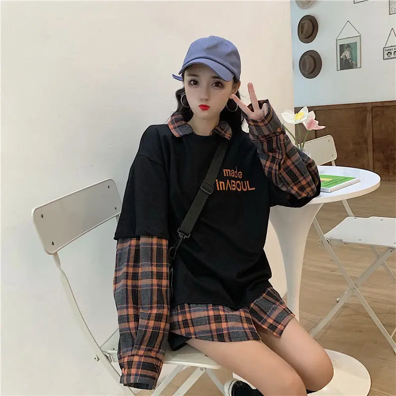 Kawaii Hoodies Korean Style Women Long Sleeve Pullover Plaid Sweatshirt 2021 Oversized Streetwear Kpop Tracksuit Female