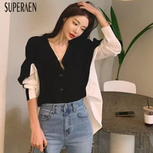 SuperAen корейский стиль женский свитер пальто осень и зима Модный женский свитер с v-образным вырезом однобортный вязаный Топ