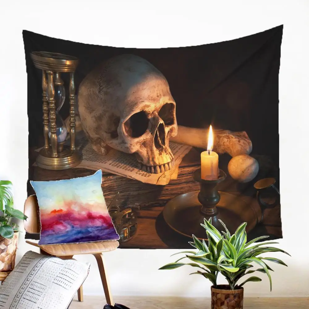 

Cheap Carpet On The Wall Fabic Mural Scary Skull Print Throw Rug European Style Macrame Panel Decorative Tapestry