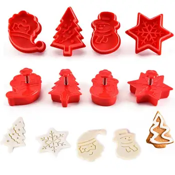 

4 Pcs Stamp Cookie Mold 3D Cookie Plunger Cutlery Pastry Decoration DIY Food Fondant Baking Mold Tool Christmas Tree Snowman