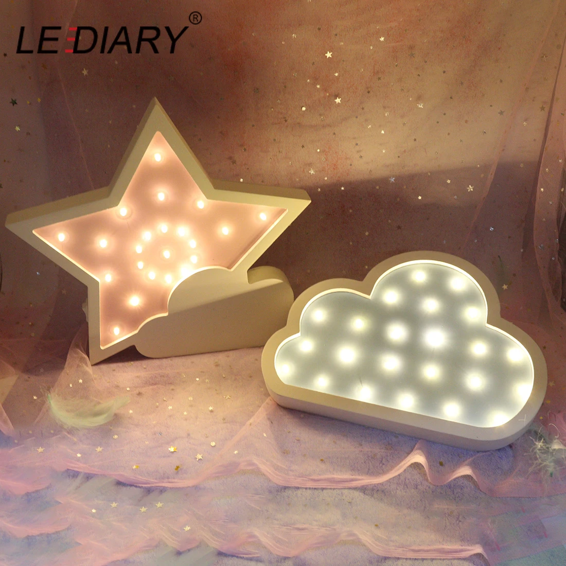  LEDIARY Wooden Night Light Bedside Lamp Moon Star Cloud LED Night Light Ramadan Room Decoration For - 4000105061897