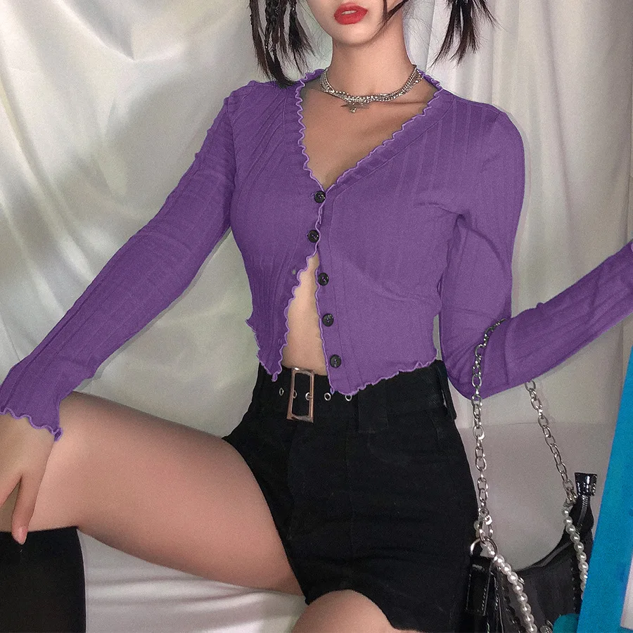 

Autumn Ruffle V-neck Short Knitted Sweaters Women Thin Cardigan Fashion Short Sleeve Sun Protection Crop Top Ropa Mujer