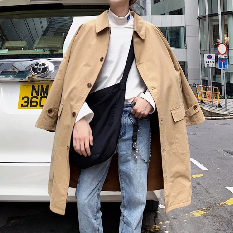 

Men's windbreaker 2019 autumn and winter new loose Hong Kong style color matching long windbreaker youth fashion men's clothing