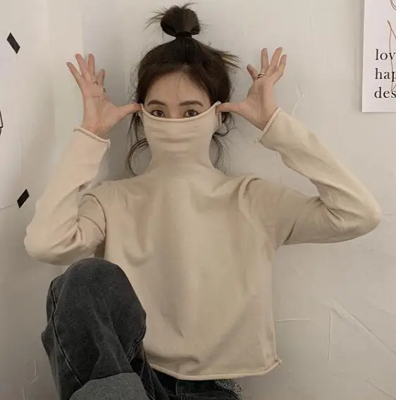 turtleneck beige 8 цветов, Осенний корейский стиль, Одноцветный вязаный Топ, водолазка, длинный рукав, футболка, женские свободные футболки, женская рубашка(J9910 - Цвет: turtleneck beige