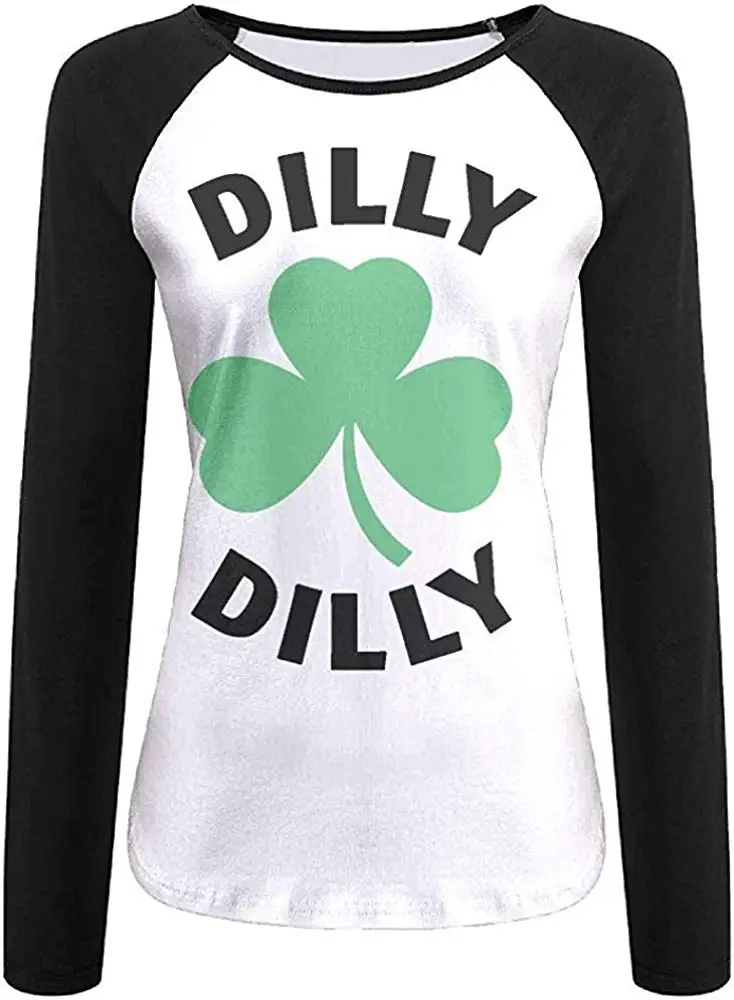 FGHFG Ladies Classic Raglan Long Sleeve TFGHFG Shirt Dilly Saint Patricks Day Black Round Neck Clothes Tops for Women |