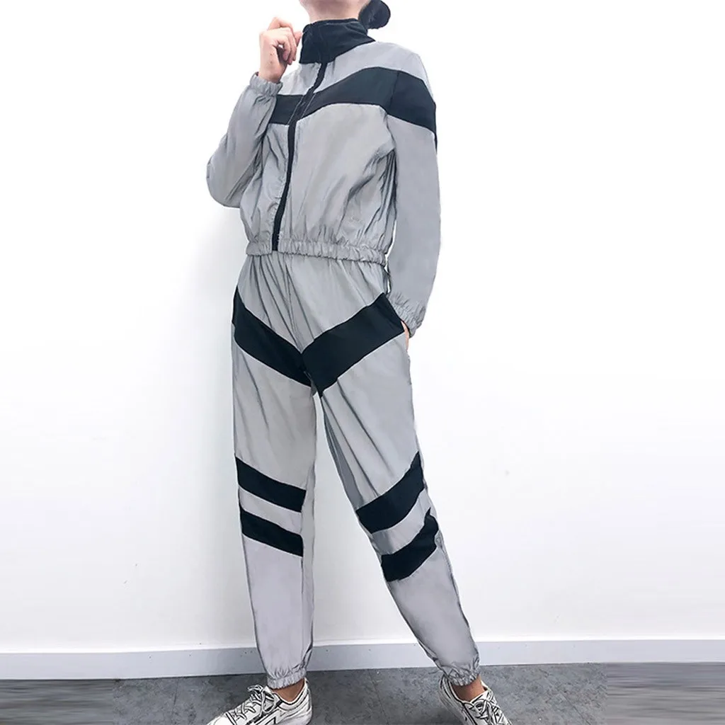 Women Casual Stitching Reflective Sports Set Long Sleeve Crop Tops+ Pants